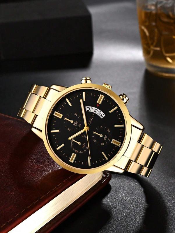 Men's Golden Industrial Style Calendar Quartz Watch - Stylish Design Without Steel Band