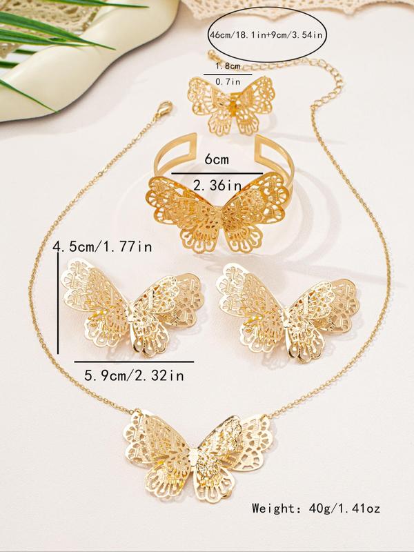 Butterfly Design Hollow Out Jewelry Set, Fashion Necklace Earrings Ring Bracelet for Party, Daily Clothing Decor, Trendy All-match Jewelry for Birthday Gift