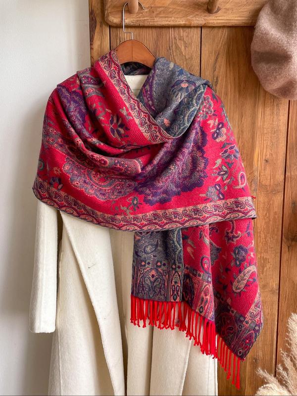 Paisley Print Fringe Trim Scarf, Casual Soft Warm Shawl for Women & Men, Fashion Accessories for Daily Wear