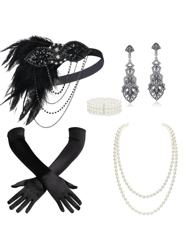 BABEYOND 1920s Accessories for Women - Flapper Headpiece Feather Great Gatsby Accessories for Women Pearl Necklace Gloves