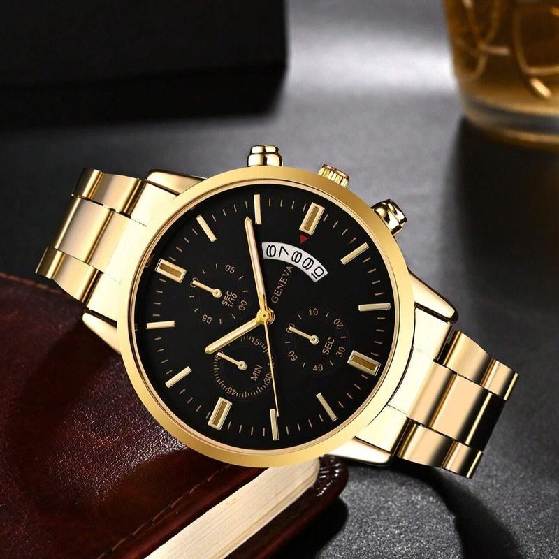 Men's Golden Industrial Style Calendar Quartz Watch - Stylish Design Without Steel Band