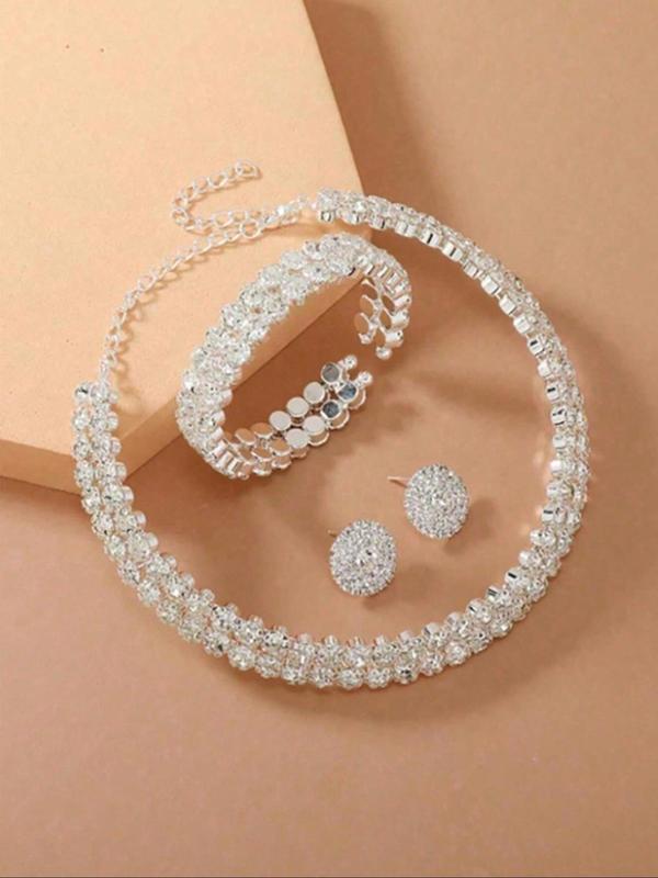 Women's Elegant Rhinestone Decorated Necklace & Stud Earrings & Bracelet, Exquisite Trendy Jewelry Set, Fashionable Accessories for Party & Daily Clothing Decor