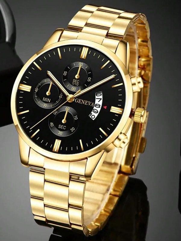 Men's Golden Industrial Style Calendar Quartz Watch - Stylish Design Without Steel Band