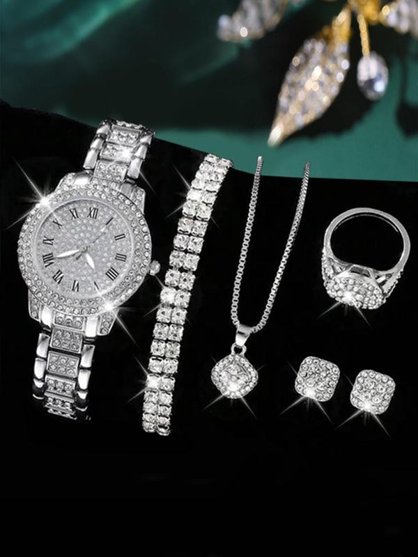 Women's Elegant Rhinestone Decorated Watch & Jewelry Set, Trendy Exquisite Wristwatch & Geometric Design Ring & Stud Earrings & Pendant Necklace & Ring, Gorgeous Jewelry Set As Gift without Box