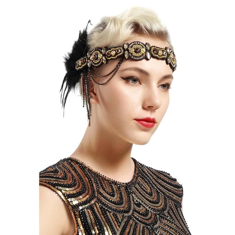 1920s Flapper Headband Roaring 20s Gatsby Headpiece Black Feather Headband 1920s Flapper Hair Accessories (Gold)