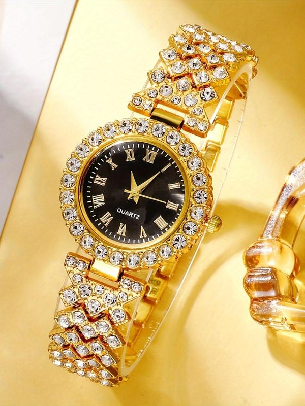 Women's Elegant Rhinestone Decorated Quartz Watch & Jewelry Set, Including Round Dial Watch & Dangle Earrings & Ring & Pendant Necklace, Fashion Watch Set for Party, Daily Decor