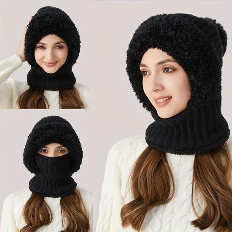 Winter Fleece Lined Knitted Hat with Ear Covers 3 in 1 Winter Hat Scarf Mask Set Windproof Warm Hooded Neck Warmer for Outdoor Cycling