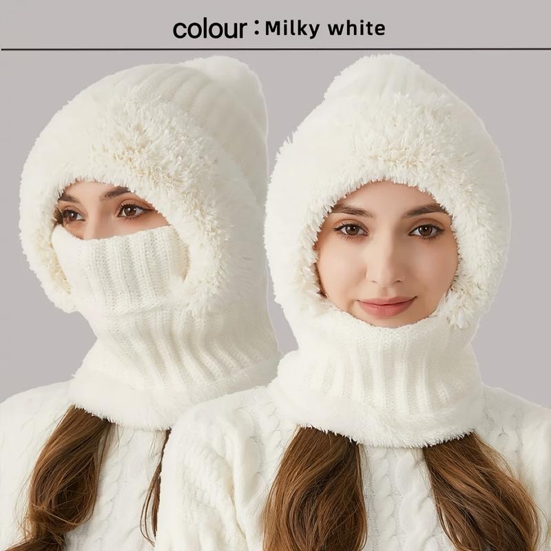 Winter Fleece Lined Knitted Hat with Ear Covers 3 in 1 Winter Hat Scarf Mask Set Windproof Warm Hooded Neck Warmer for Outdoor Cycling