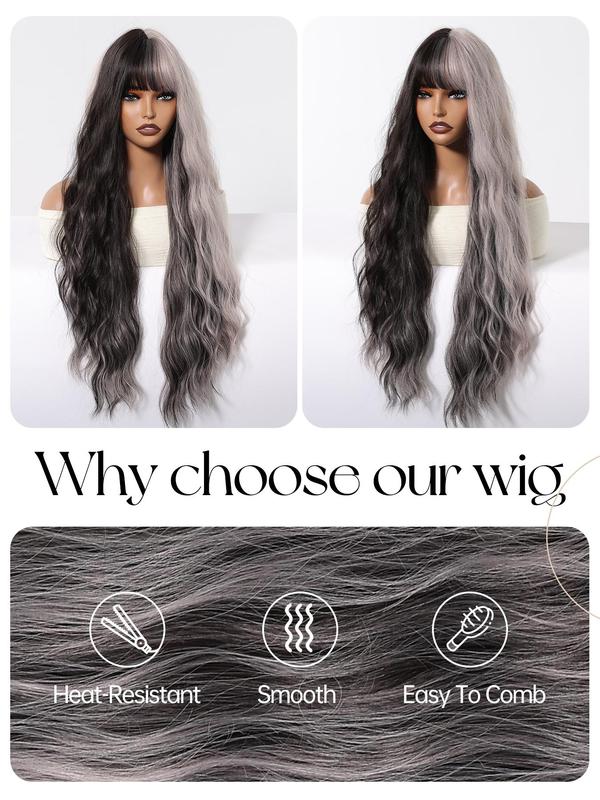 30 Inch Long Wavy Black & Grey Wigs for Women, Gorgeous Fluffy Heat Resistant Fiber Wigs with Bangs, Synthetic Full Machine Wigs for Party, Daily Use