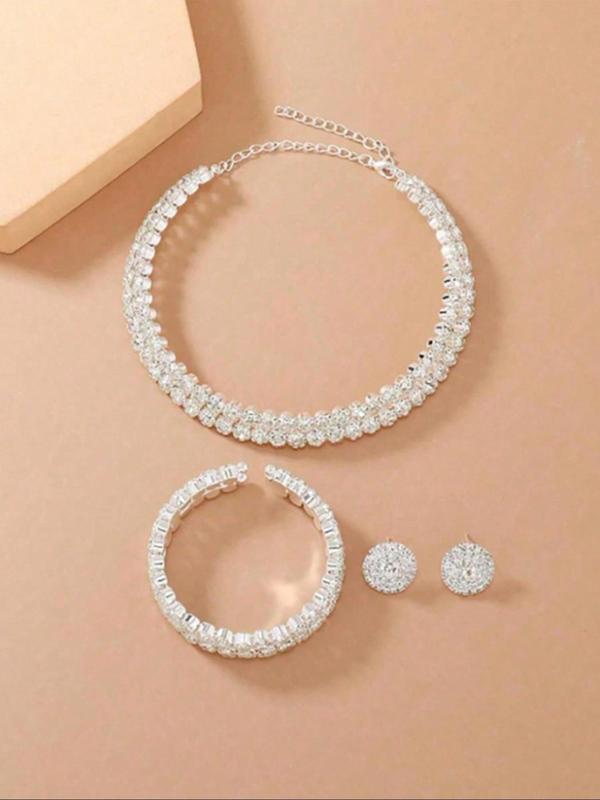 Women's Elegant Rhinestone Decorated Necklace & Stud Earrings & Bracelet, Exquisite Trendy Jewelry Set, Fashionable Accessories for Party & Daily Clothing Decor