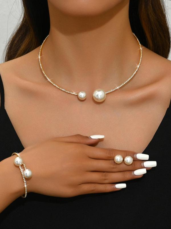 Faux Pearl Decorated Jewelry Set, Elegant Necklace & Bracelet & Earrings, 2024 New Style Fashion Accessories for Party, Daily Clothing Decor for Girl