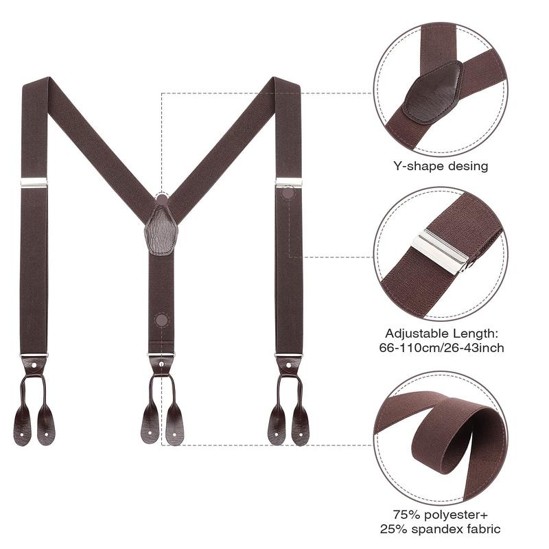 Mens Y-Back 1.4 Inches Wide Brown Button End Elastic Adjustable Tuxedo Solid Color Suspenders with 6Pcs Buttons