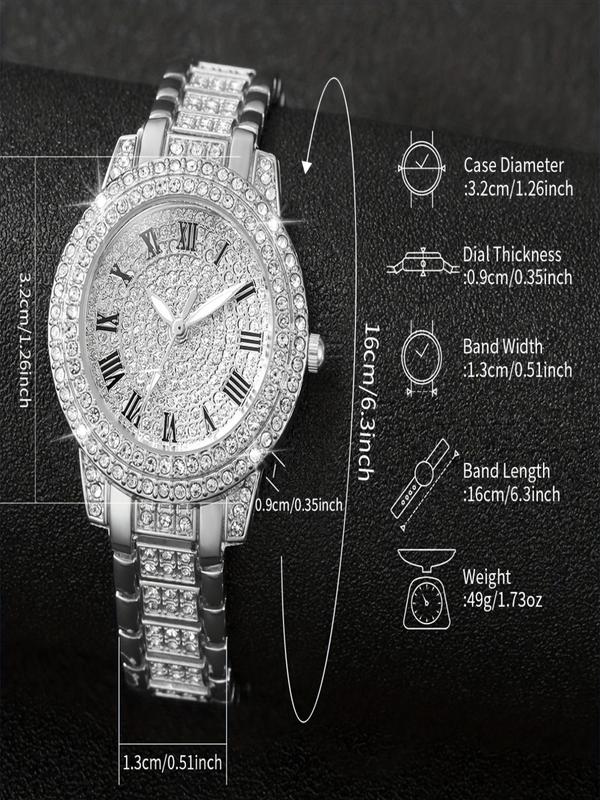 Women's Elegant Rhinestone Decorated Watch & Jewelry Set, Trendy Exquisite Wristwatch & Geometric Design Ring & Stud Earrings & Pendant Necklace & Ring, Gorgeous Jewelry Set As Gift without Box