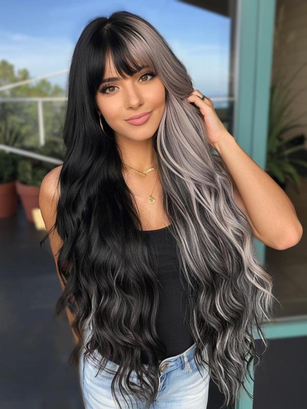 30 Inch Long Wavy Black & Grey Wigs for Women, Gorgeous Fluffy Heat Resistant Fiber Wigs with Bangs, Synthetic Full Machine Wigs for Party, Daily Use