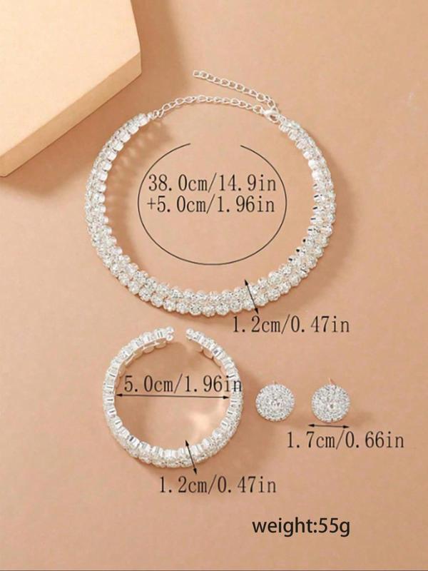 Women's Elegant Rhinestone Decorated Necklace & Stud Earrings & Bracelet, Exquisite Trendy Jewelry Set, Fashionable Accessories for Party & Daily Clothing Decor