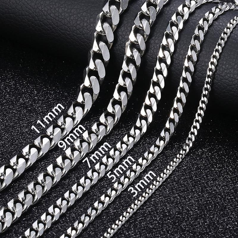 Hermah 3 5 7 9 11mm Stainless Steel Curb Cuban Chain Necklace For Men Male Silver Color Link Chain 18inch-30inch