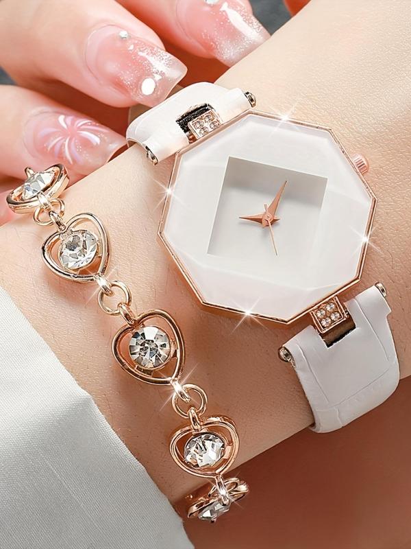 Women's Elegant Rhinestone Decor Quartz Watch & Jewelry Set, Including Round Dial Analog Wristwatch & Bracelet & Pendant Necklace & Ring & Stud Earrings, Fashion Watch Set for Women As Gift