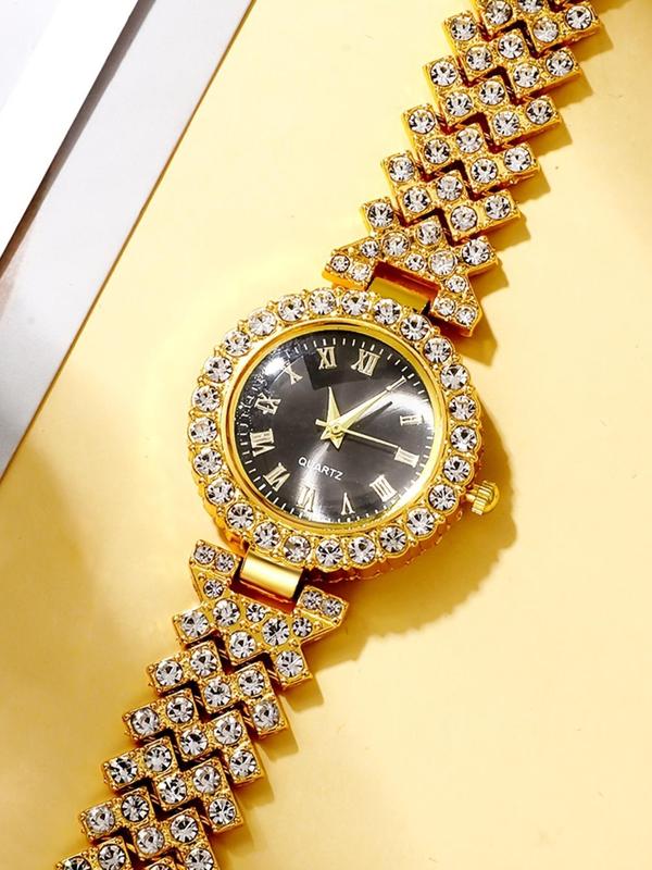 Women's Elegant Rhinestone Decorated Quartz Watch & Jewelry Set, Including Round Dial Watch & Dangle Earrings & Ring & Pendant Necklace, Fashion Watch Set for Party, Daily Decor