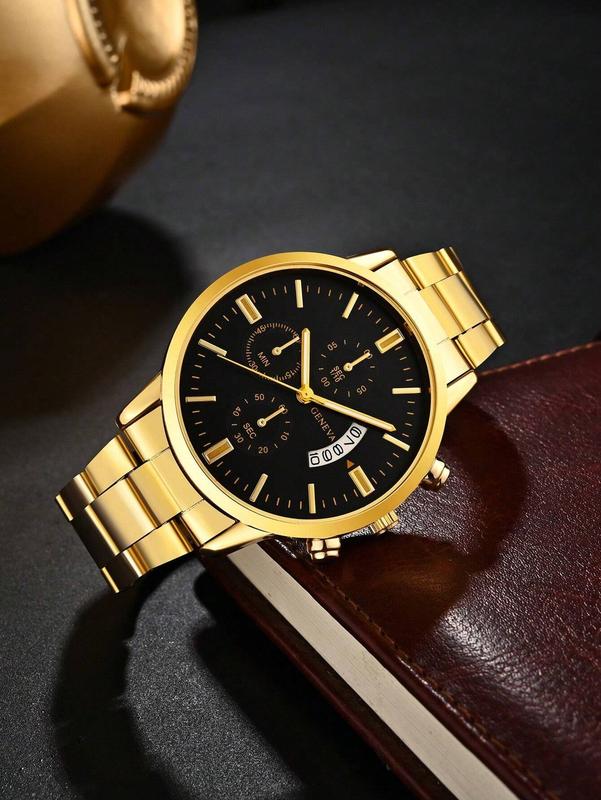 Men's Golden Industrial Style Calendar Quartz Watch - Stylish Design Without Steel Band