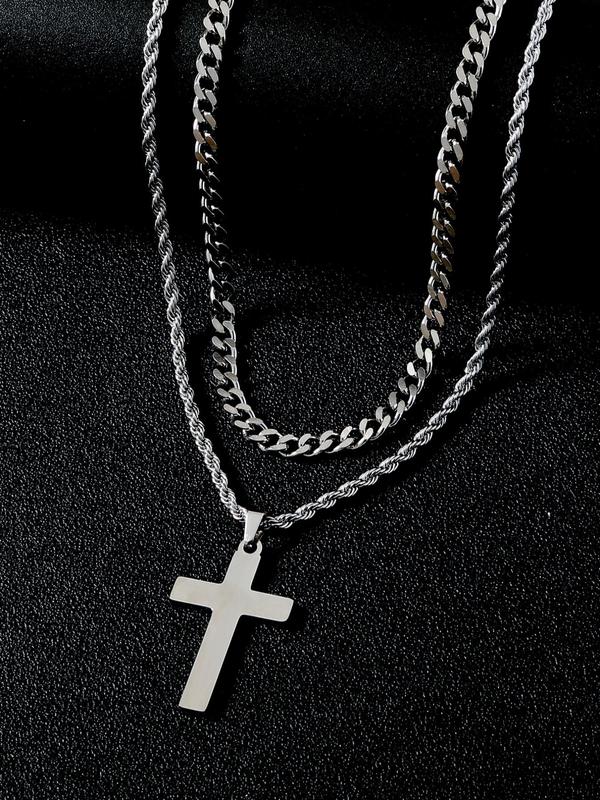 Men's Simple Style Plain Color Cross Pendant Necklace,  (2counts) Twist Chain Stainless Steel Jewelry for Party, Daily Clothing Decor, Trendy All-match & Exquisite Jewelry for Birthday Gift