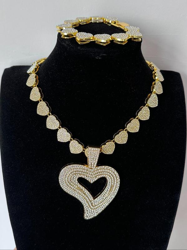 Rhinestone Decorated Heart Shaped Pendant Necklace & Bracelet, Fashion Jewelry for Party, Daily Clothing Decor, Trendy All-match & Exquisite Jewelry for Birthday Gift