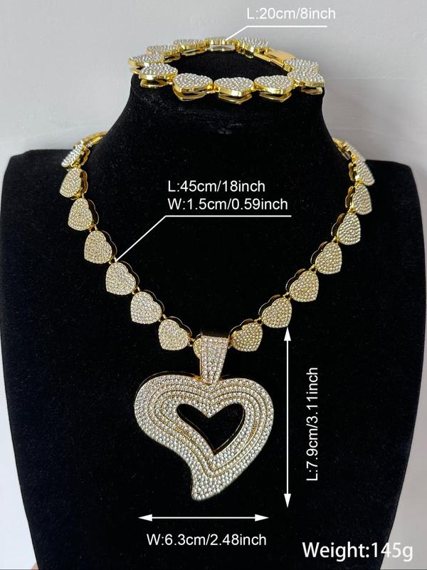 Rhinestone Decorated Heart Shaped Pendant Necklace & Bracelet, Fashion Jewelry for Party, Daily Clothing Decor, Trendy All-match & Exquisite Jewelry for Birthday Gift