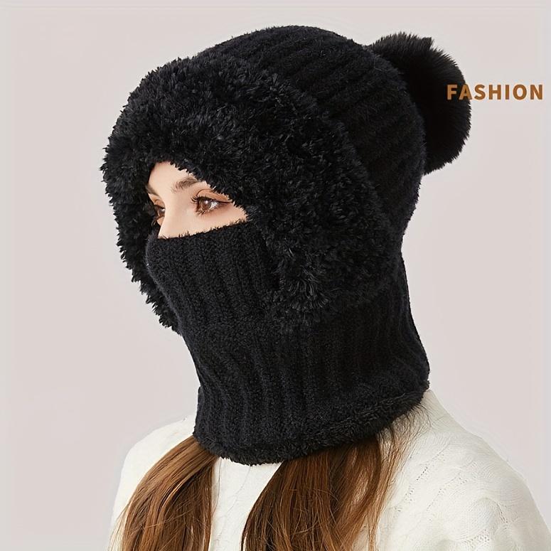 Winter Fleece Lined Knitted Hat with Ear Covers 3 in 1 Winter Hat Scarf Mask Set Windproof Warm Hooded Neck Warmer for Outdoor Cycling