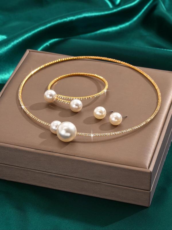 Faux Pearl Decorated Jewelry Set, Elegant Necklace & Bracelet & Earrings, 2024 New Style Fashion Accessories for Party, Daily Clothing Decor for Girl