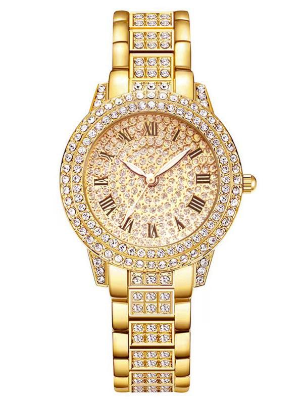 Women's Elegant Rhinestone Decorated Watch & Jewelry Set, Trendy Exquisite Wristwatch & Geometric Design Ring & Stud Earrings & Pendant Necklace & Ring, Gorgeous Jewelry Set As Gift without Box