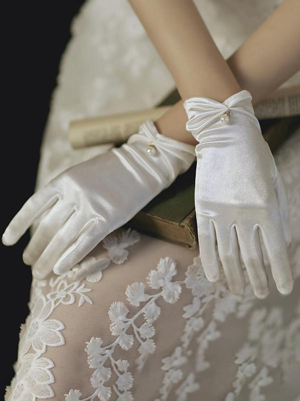 1 Pair Faux Pearl Decor Ruched Gloves For Women