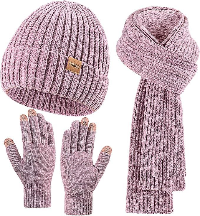 Beanie Hat for Womens Scarf Gloves Set, Fleece Lined Long Knit Scarf Touchscreen Gloves Winter Cap for Cold Weather beanie