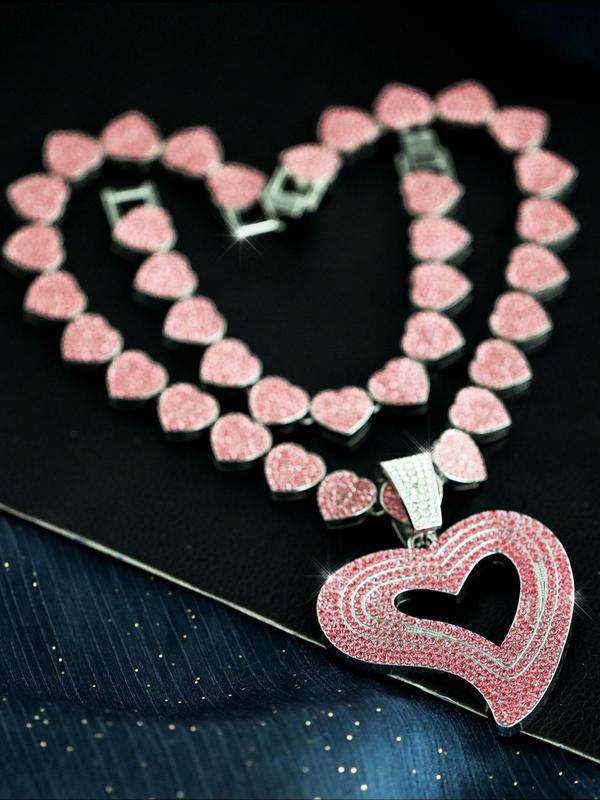 Rhinestone Decorated Heart Shaped Pendant Necklace & Bracelet, Fashion Jewelry for Party, Daily Clothing Decor, Trendy All-match & Exquisite Jewelry for Birthday Gift