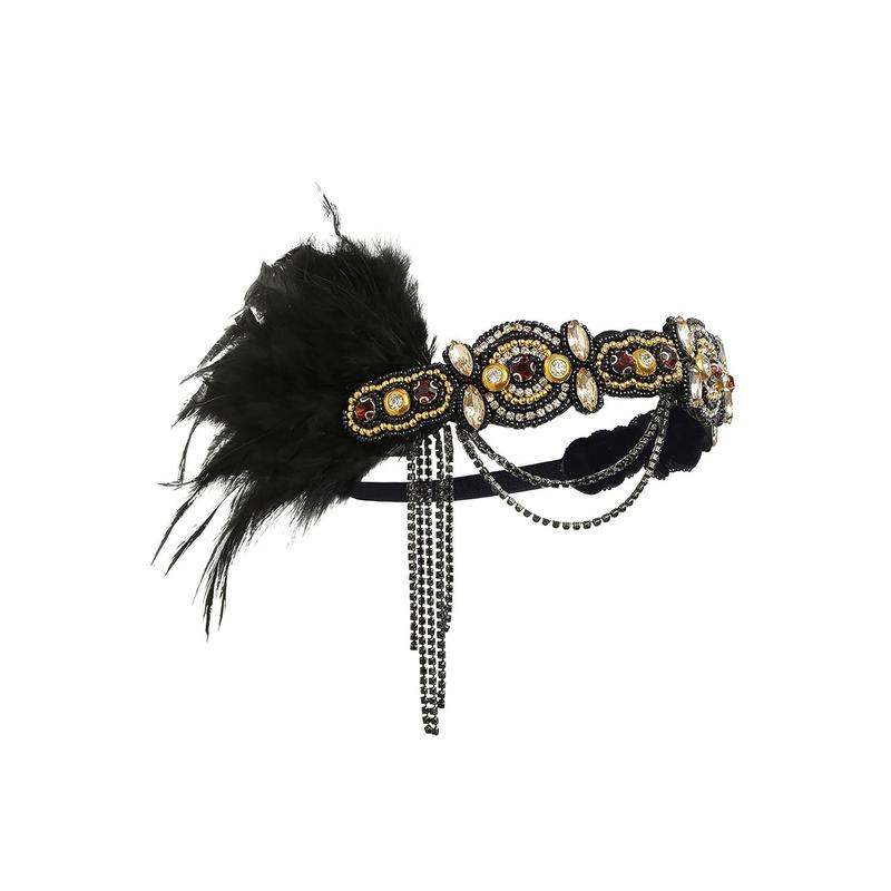 1920s Flapper Headband Roaring 20s Gatsby Headpiece Black Feather Headband 1920s Flapper Hair Accessories (Gold)