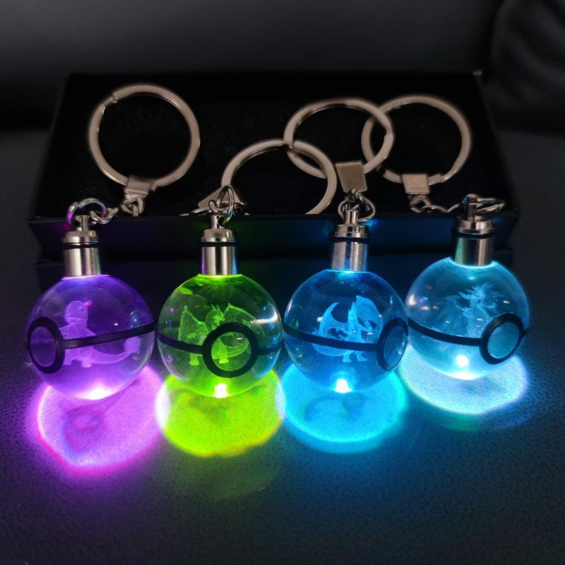 Customize 3D Pokemon Crystal LED Laser Engraved Keychain Crystal Pokeball Keychain 30MM Charizard Crystal Keying Pokemon fans Gifts