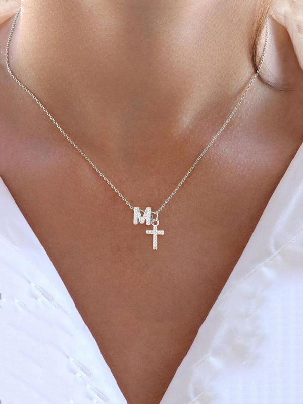 Rhinestone Letter & Cross Pendant Necklace, Stainless Steel Chain Necklace for Women for Gift, Fashion All-match Accessories for Daily Wear