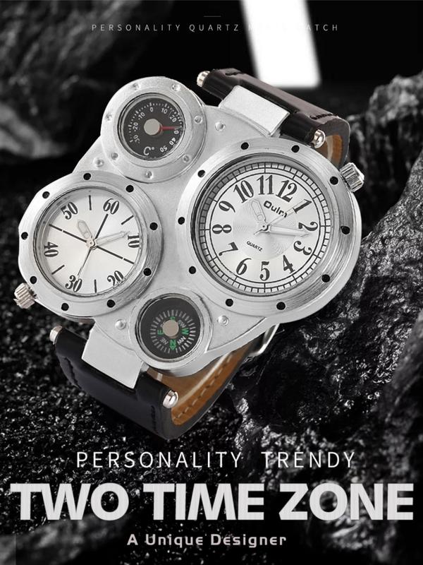 Men's Punk Style Multiple Dial Quartz Watch, Fashion Watch with Compass & Thermometer, Trendy All-match & Exquisite Accessories for Birthday Gift with Box