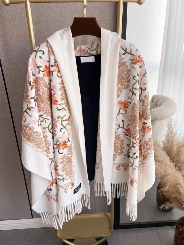 2024 New Style Floral Pattern Tassel Decor Shawl, Casual Soft Warm Scarf for Fall & Winter, Fashion Accessories for Women & Men Dainty Gift for Your Love