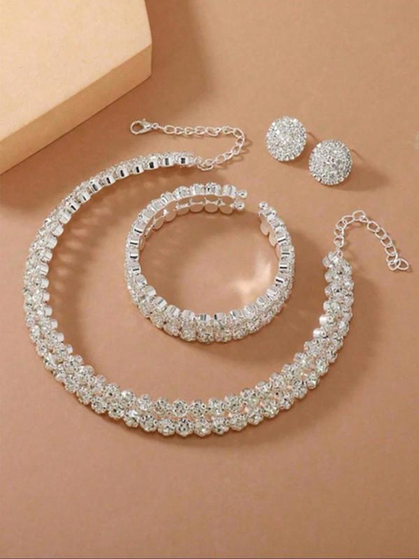 Women's Elegant Rhinestone Decorated Necklace & Stud Earrings & Bracelet, Exquisite Trendy Jewelry Set, Fashionable Accessories for Party & Daily Clothing Decor