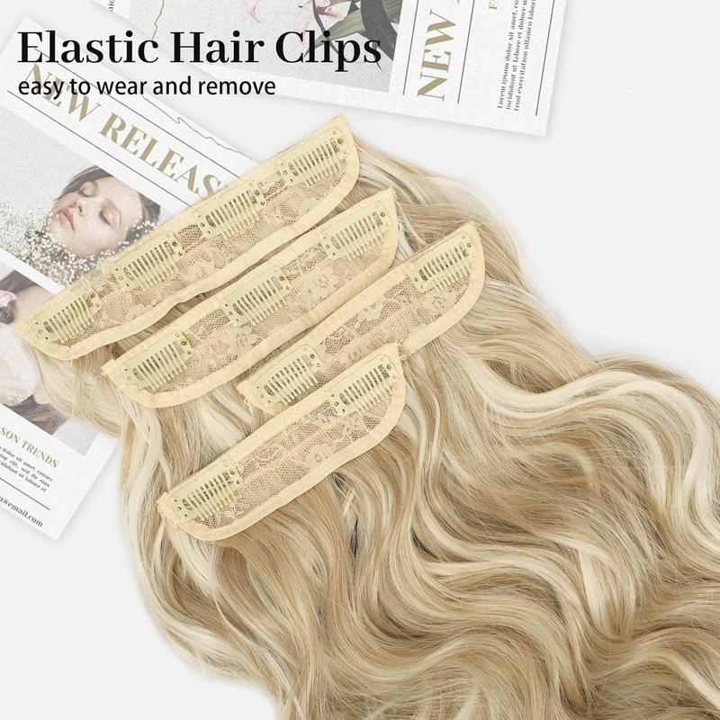 [KooKaStyle] Beach Blonde Hair Extensions Clip in Synthetic Highlight Hair Extensions Long Wavy 4PCS Thick Hairpieces 20 Inch for Women