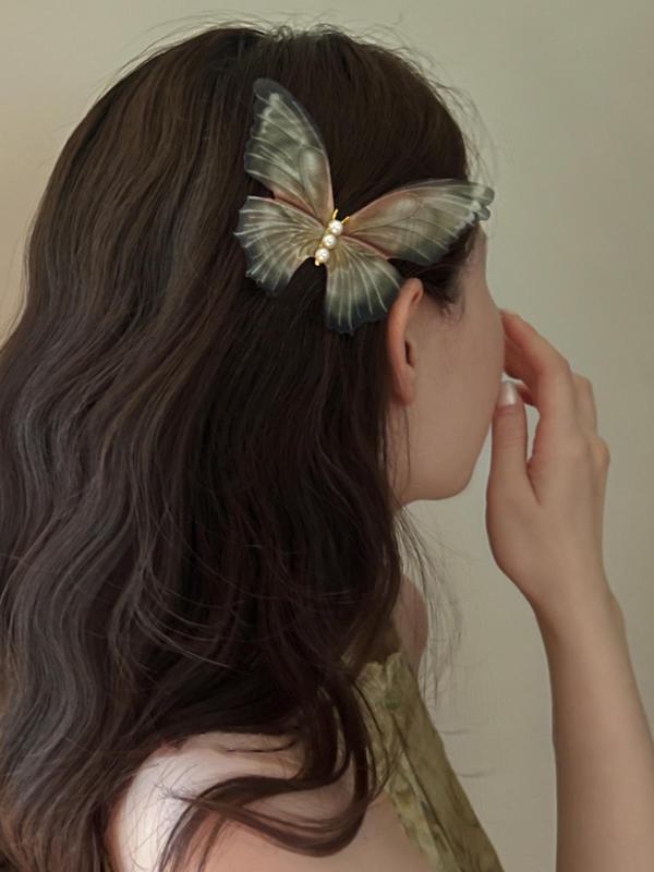 Double Layer Tulle Butterfly Hair Clips for Galentine's Party Style, Faux Pearl Decoration, Retro Design Temperament Bangs Hair Clips, Fashionable and Versatile Daily Hair Accessories, Gifts for Girls