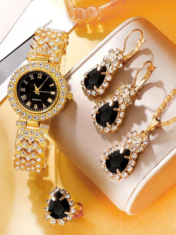 Women's Elegant Rhinestone Decorated Quartz Watch & Jewelry Set, Including Round Dial Watch & Dangle Earrings & Ring & Pendant Necklace, Fashion Watch Set for Party, Daily Decor