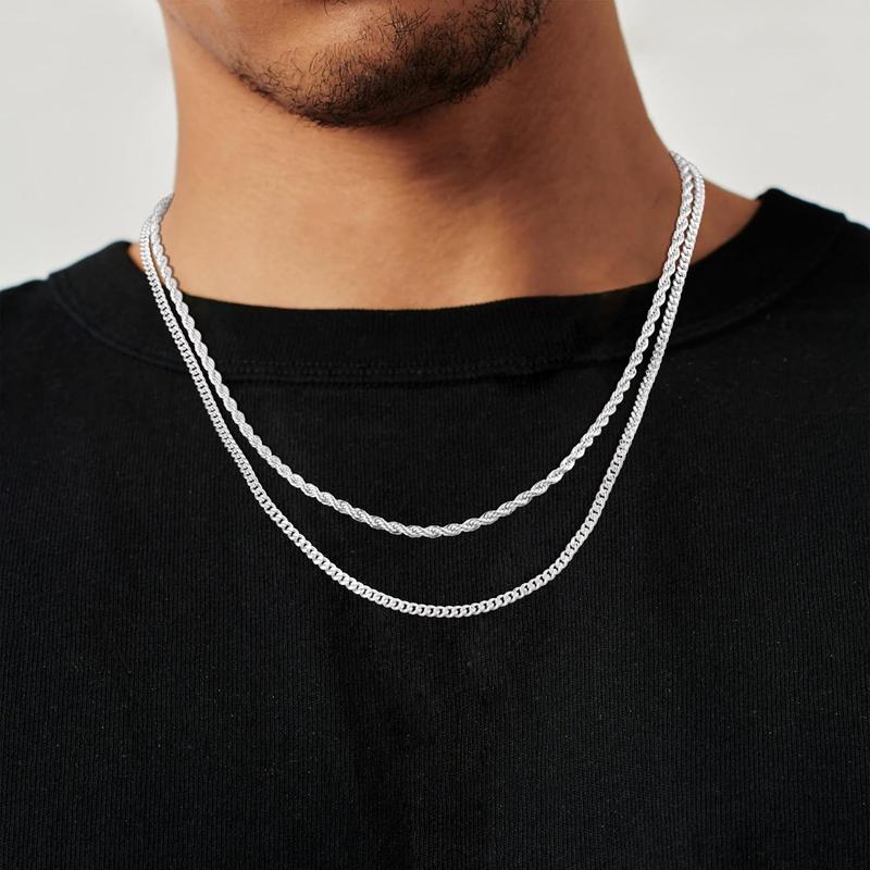 FREEKISS Trendy 2Pcs 3mm Chain Necklace For Men Layered Cuban Link Rope Necklaces Set Simple Jewelry Gift 18-28 Inches For Fashion