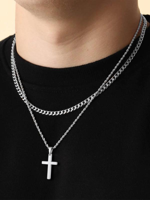 Men's Simple Style Plain Color Cross Pendant Necklace,  (2counts) Twist Chain Stainless Steel Jewelry for Party, Daily Clothing Decor, Trendy All-match & Exquisite Jewelry for Birthday Gift