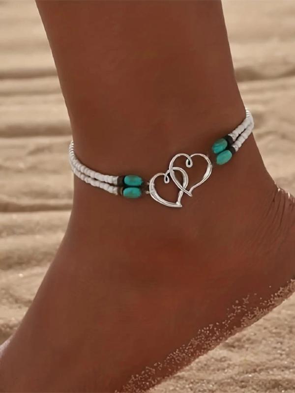 Summer Fashion Hearts Decor Anklet, Double Layer Foot Jewelry for Beach Party Vacation, Boho Style Fashion Vintage Jewelry