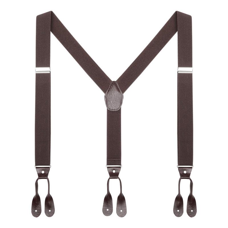 Mens Y-Back 1.4 Inches Wide Brown Button End Elastic Adjustable Tuxedo Solid Color Suspenders with 6Pcs Buttons