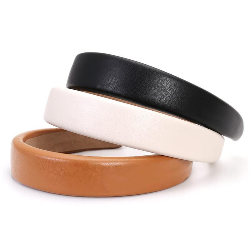 3 Pack Padded Leather Headbands for Women - Fashion Wide Non-Slip Hair Hoops