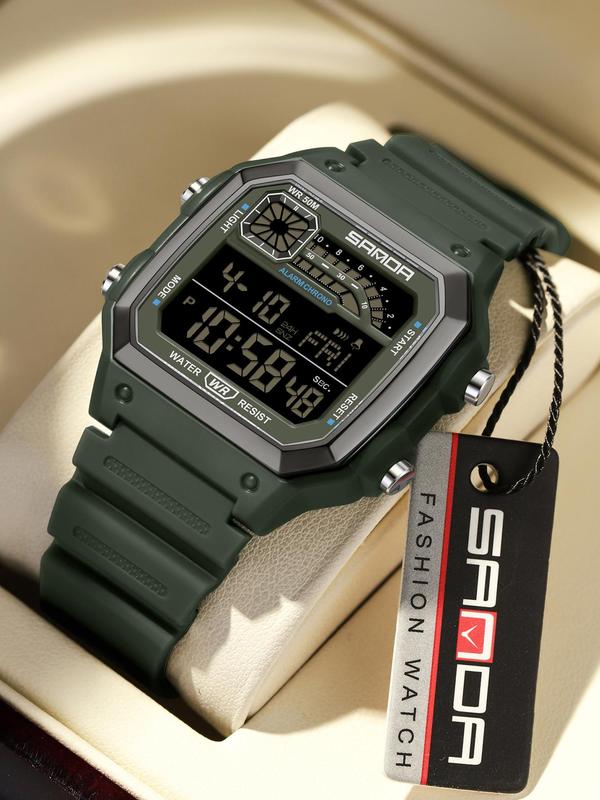 Men's Fashion Digital Watch, Casual Sporty Digital Watch with Luminous Dial & Alarm Clock Countdown Function, Waterproof LED Digital Wristwatch with Box