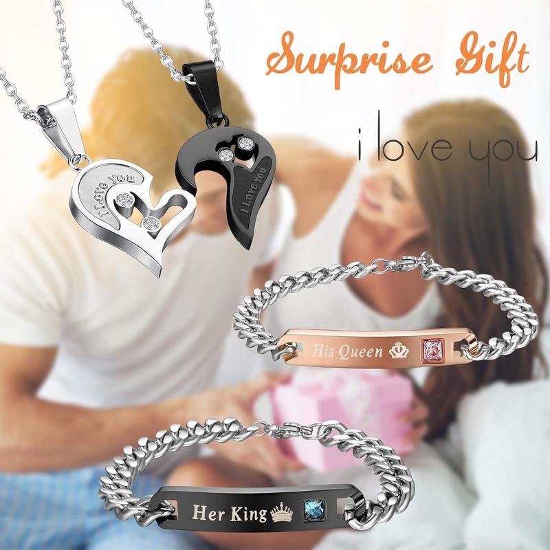 4 count Couple Necklace Bracelets Matching Set for Women Men Heart Pendant Necklace His and Hers Bracelets Couple Gift