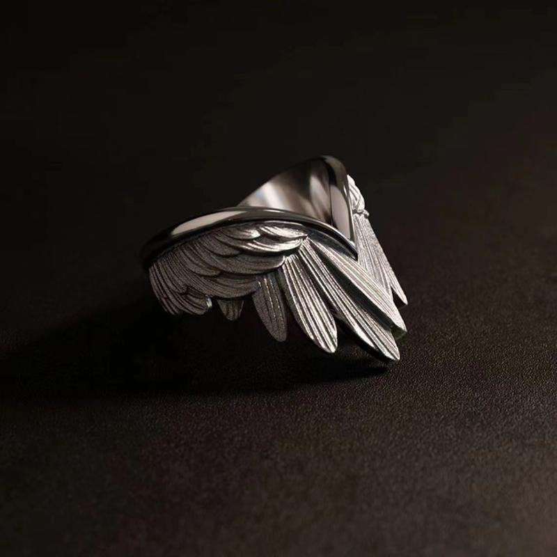 Creative Angel Wings Index Finger Ring Personalized Trendy Opening Adjustable Ring with Neutral Style Drawn Feather Ring