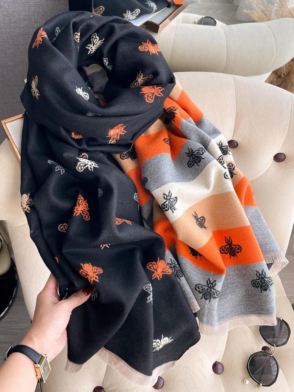 Women's Colorblock Bee Pattern Double Sided Shawl, Casual Soft Warm Thick Scarf for Fall & Winter, Fashion Accessories for Daily Wear